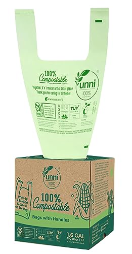UNNI Compostable Bags with Handles 1.2-1.6 Gallon, 6 Liter, 100 Count, 0.64 Mil, Samll Kitchen Food Scrap Waste Bags, T-Shirt Bags, ASTM D6400, US BPI & Europe OK Compost Home Certified, San Francisco