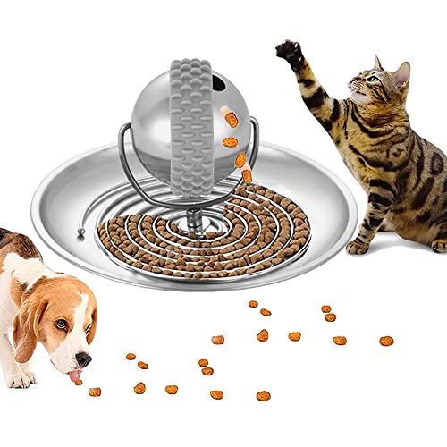 Upgrade 2 in 1 Slow Feeder Cat Bowls,Cat Feeder Bowls Puzzle Toys Stainless Steel,Treat Game Toy Cat Brain Stimulation Toys,Boredom Treatment Food Dispensing Slow Feeder for Cats Dogs