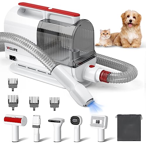 VacLife Pet Hair Vacuum for Shedding Grooming with Dog Clipper - Multipurpose Dog Grooming Kit with Brushes and Other Grooming Tools for Dogs and Cats - Low-Noise - White and Red (VL776)