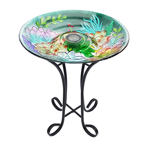 VCUTEKA Glass Bird Bath Outdoor Solar Birdbath with Metal Stand for Lawn Yard Garden Decor, Flowers