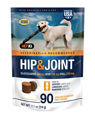 VetIQ Hip & Joint Supplement for Dogs, Anti Inflammatory Joint Support, Glucosamine, MSM, and Krill, Chicken Flavored Soft Chews, 90 Count
