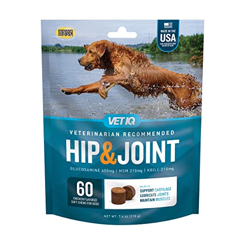 VetIQ Hip & Joint Supplement for Dogs, Anti Inflammatory Joint Support, Glucosamine, MSM, and Krill, Chicken Flavored Soft Chews, 60 Count