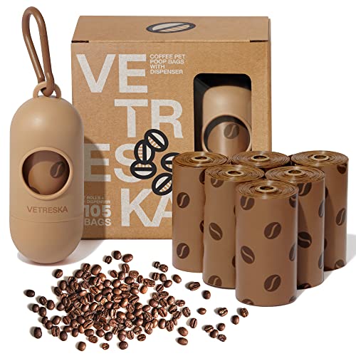 VETRESKA Dog Poop Bag Dispenser with Coffee Scented Waste Bags, Leak Proof, Extra Thick and Large Pet Poop Bags, 1 Count Bag Holder and 105 Count Bags (7 Refill Rolls) for Dogs and Cats