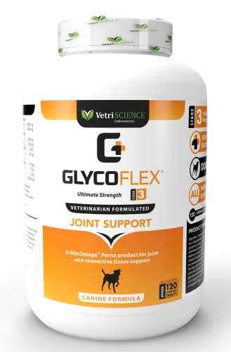 VETRISCIENCE Glycoflex 3 Maximum Strength Hip & Joint Support for Dogs - Glucosamine, DMG, MSM & Green Lipped Mussel - Great Tasting - Vet Recommended, 120 Tablets, (0900887.120)