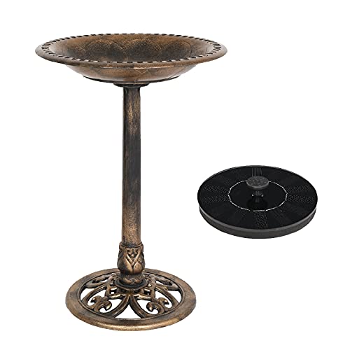 VINGLI 28 Inch Bird Bath with Solar Fountain Antique Copper Weather Resistant Resin Pedestal Birdbaths Floral Accents and Vintage Finish Garden Decor for Outdoor Lightweight Courtyard