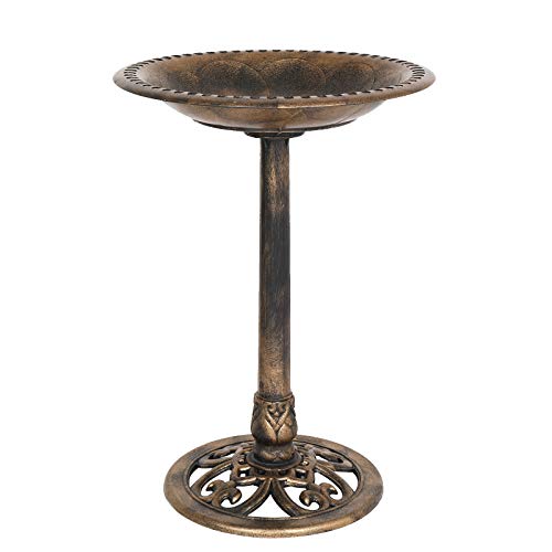 VINGLI Pedestal Bird Bath 28 Inch Antique Copper Resin Birdbaths Weather Resistant Floral Accents and Vintage Finish Garden Decor for Outdoor Lightweight Courtyard