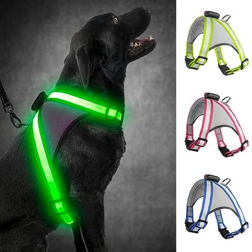 Visinite LED Dog Harness, USB Rechargeable Light Up Dog Harness Vest, 2 Illuminate Modes Glow in The Dark Dog Harness, Adjustable Lighted Dog Harness Light for Night Walking Safety