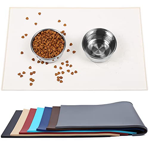 VIVAGLORY Dog Food Mat, Cat Dog Feeding Mat, Waterproof Non-Slip Food Grade Silicone Mat Placemat with Raised Edge, Anti-Messy Pet Bowl Mat for Food and Water, Ivory, S(19"x12")