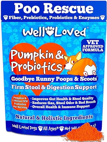 Well Loved Pumpkin for Dogs - Fiber for Dogs, Dog Probiotics and Digestive Enzymes, Dog Food Toppers, Pumpkin Powder for Dogs, Digestive Support, Dog Diarrhea Relief, Goodbye Runny Poops and Scoots