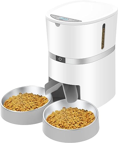 WellToBe Automatic Cat Feeder, Pet Feeder Food Dispenser for Cat & Small Dog with Two-Way Splitter and Double Bowls, up to 6 Meals with Portion Control, Voice Recorder - Battery and Plug-in Power