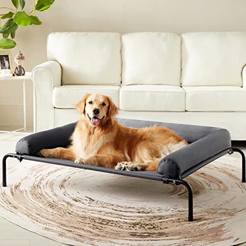 Western Home Elevated Dog Bed Cot, Chew Proof Raised Outdoor Dog Bed with Bolster for Extra Large Dogs, Portable Cooling Pet Cot with Breathable Mesh, Skid-Resistant Feet, Grey, 48.25 inches