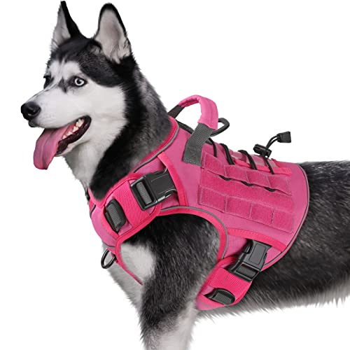 WINGOIN Pink Harness with Handle Tactical Dog Harness for Large Dogs No Pull Adjustable Reflective K9 Military Dog Vest Harnesses for Labrador Retriever, Siberian Husky, German Shepherd Dog (L)