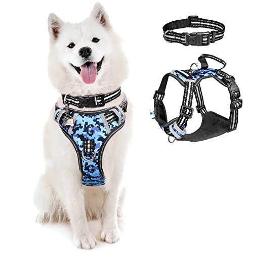 WINSEE Dog Harness No Pull, Pet Harnesses with Dog Collar, Adjustable Reflective Oxford Outdoor Vest, Front/Back Leash Clips for Small, Medium, Large, Extra Large Dogs, Easy Control Handle for Walking