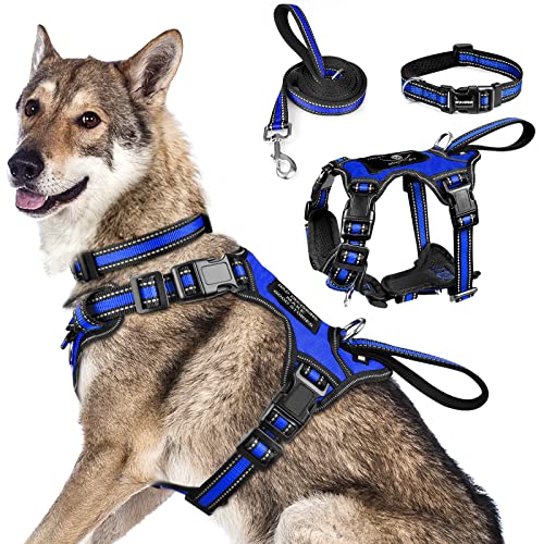 WINSEE Pet Harness Collar and Leash Set, All-in-one Reflective Dog Harness No Pull with Adjustable Buckles for Puppies, Small, Medium, Large, and Extra-Large Dogs (X-Large, Dark Blue)