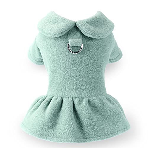 Winter Dog Harness Dress with Leash Ring Polar Fleece Puppy Sweaters for Small Dogs Girl Fleece Warm Pet Clothes Outfits Cat Skirk Coat for Chihuahua Yorkie Apparel (Small, Green)