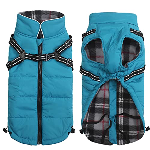 Winter Warm Coat Geyecete Waterproof Dog Winter Jacket with Harness Traction Belt,Pet Outdoor Jacket Dog Autumn and Winter Clothes for Medium, Small Dog-Blue-S
