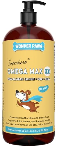Wonder Paws Fish Oil For Dogs - Omega 3 For Dogs From Alaskan Salmon, Cod & Krill Oil - EPA DHA Fatty Acids - Less Shedding & Itching - Skin, Joint, Immune & Heart Health - 16 oz Pet Liquid Supplement