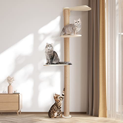 Wood Cat Tower Floor to Ceiling Adjustable, Tree Tall Cat Scratching Post, Cat Tree with 3-Tier Floor for Climb, Cat Climbing Tower Vertical with Natural Sisal Rope