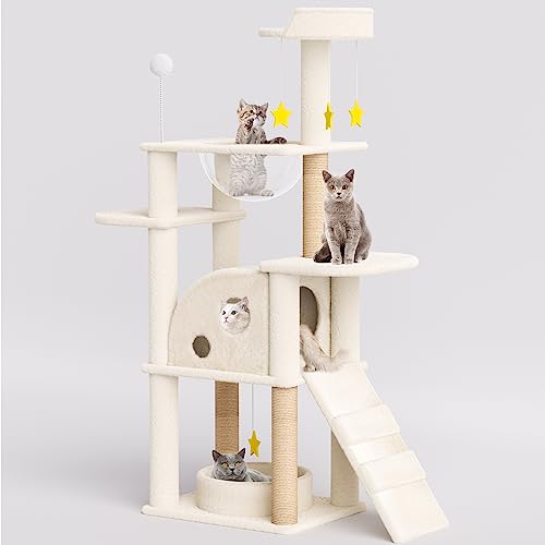 X XBEN 55in Cat Tree Tower, Multi-Level Cat Condo for Large Cats with Large Space Capsule Nest, Cave, Step Ladder, Scratching Posts, Kitten Furniture Condo Activity Center Play House, Beige