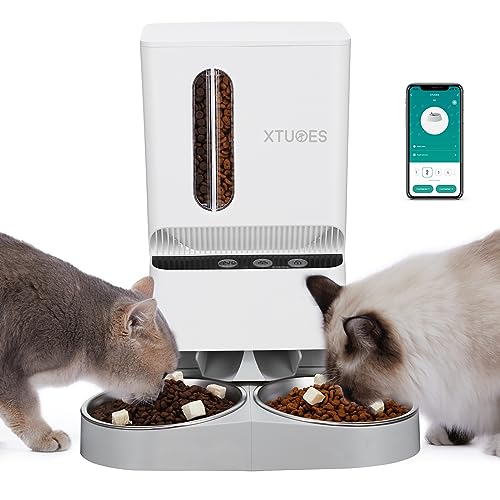 XTUOES Automatic Cat Feeders for 2 Cats, 2.4G WiFi Automatic Cat Feeder 2 Cats with Dual Hoppers & 2 Bowls for 2-18mm Kibble, 1-10 Meals & 30s Voice Record for Large Medium Small Cat Dog Pet