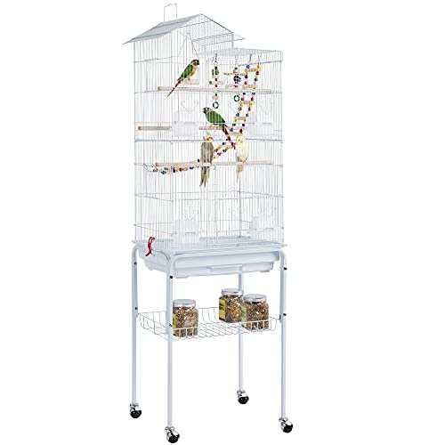 Yaheetech 62.4-inch Roof Top Flight Bird Cage for Parakeets Cockatiels Conures Finches Lovebirds Canaries Budgies Small Parrots, Large Birdcage with Detachable Rolling Stand, White