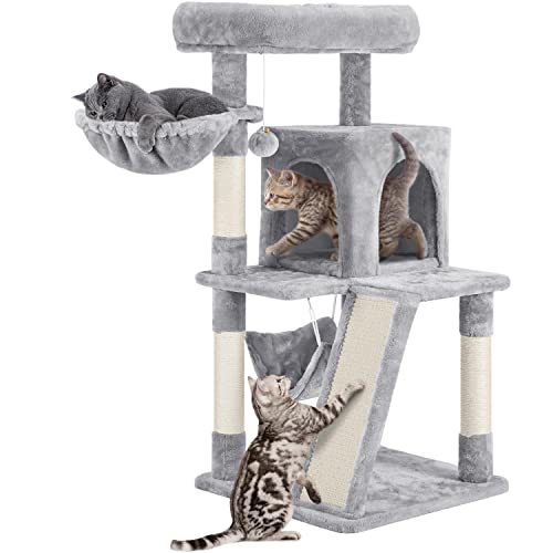 Yaheetech Cat Tree Cat Tower, 40-Inch Cat Condo with Oversized Soft Platform, Scratching Board, Basket and Hammock, Cat Furniture for Kittens Cats Pets, Light Gray
