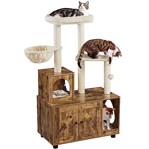 Yaheetech Cat Tree Tower with Litter Box Enclosure, Modern Cat Tower Condo for Indoor Cats, All-in-one Cat Furniture Cat Litter Box Furniture Hidden with Scratching Post Wooden Cat Washroom