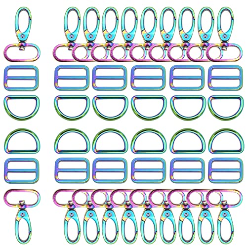 YEWIN Rainbow Swivel Hook Claw Clasp - 25mm Slide Strap Buckle D Ring Adjuster Buckle for Dog Collar Backpack Purse Hardware (Rainbow 5 Sets)