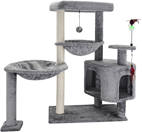 YOUPET 33.46" Height Cat Tree with Cat Condo Big Hammock and Two Replacement Spring Balls,Grey …