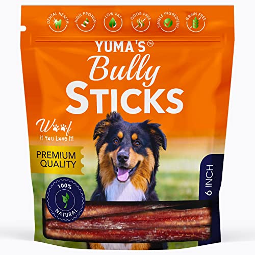 YUMA'S Natural Bully Sticks for Dogs for Intense Chewers Digestible Dog Treats Made of 100% Beef - Dog Bully Sticks for Cleaner Teeth- Long Lasting Dog Chews (6 inch Beef, Pack of 5)