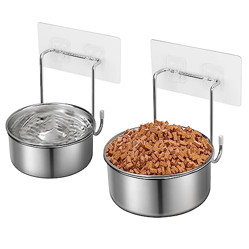 Yummy Sam 2 Pcs Small Wall Mounted Cat Bowls, Elevated Hanging Puppy Food and Water Bowls Stainless Steel Non-Spill Kitten Feeding Dish with Wall Mounted Hook for Small Pets (4x1.7'' & 4.7x2'')