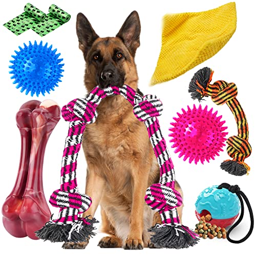 Zeaxuie Heavy Duty Various Dog Chew Toys for Aggressive Chewers - 9 Pack Value Set Includes Indestructible Rope Toys & Squeaky Toys for Medium, Large & X-Large Breeds (for Regular Chewers)