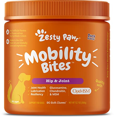 Zesty Paws Mobility Bites Dog Joint Supplement - Hip and Joint Chews for Dogs - Pet Products with Glucosamine, Chondroitin, & MSM + Vitamins C and E for Dog Joint Relief - Duck - 90 Count