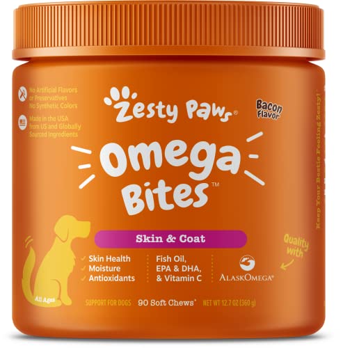 Zesty Paws Omega 3 Alaskan Fish Oil Chew Treats for Dogs - with AlaskOmega for EPA & DHA Fatty Acids - Hip & Joint Support + Skin & Coat Bacon Flavor – 90 Count