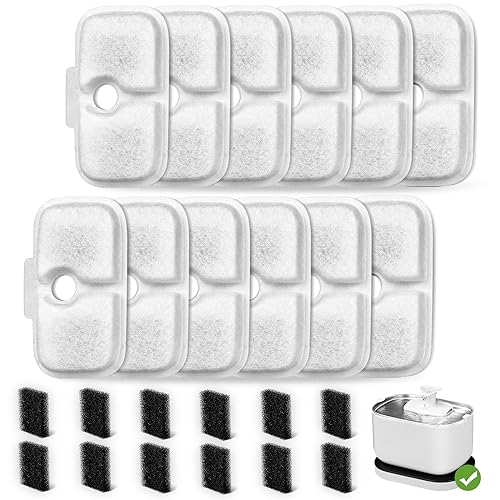 12 Pack Pet Fountain Filters & 12 Pack Pre-Filter Sponges for Dockstream Wireless Cat Water Fountain PLWF005/WF105/WF115, 6 Months Set of PETLIBRO Ultra Quiet Pet Water Fountain