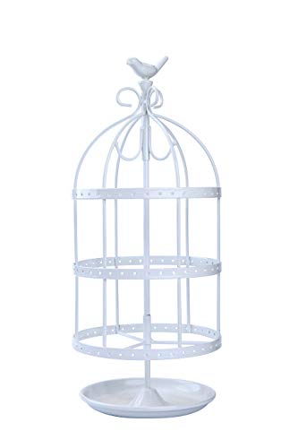 14.5" Tall Cute Bird Cage 4 Tiers Rotating Jewelry Organizer Earring Holder Stand Earring Tree Tabletop Metal Display Rack for Women and Girl - White