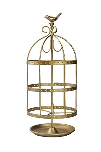 14.5" Tall Cute Bird Cage 4 Tiers Rotating Jewelry Organizer Earring Holder Stand Earring Tree Tabletop Metal Display Rack for Women and Girl - Gold