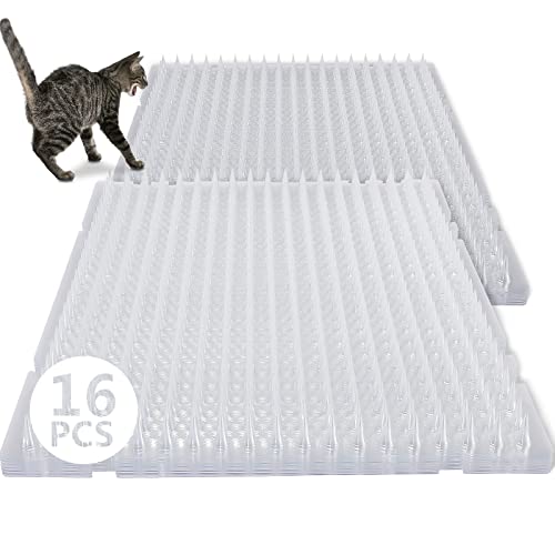 16 Pack Cat Repellent Outdoor Mat Cats Dogs Plastic Mats with Spikes Bendable Spiked Deterrent Training PET Mat Cat Repellent Mats for Indoor Outdoor Supplies, 18.3 Square Feet, 16 x 13 Inch (Clear)