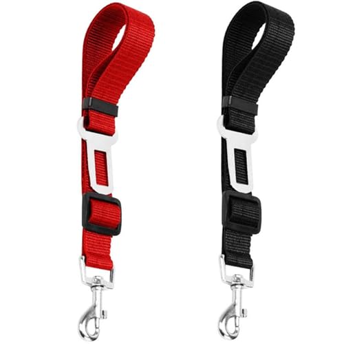 2 Pack Dog Seat Belt, Dog Car Seat Belts, Adjustable Pet Seat Belts, Tether with Stainless Steel Hooks and Clips, for Cars, Trucks(Black+Red)