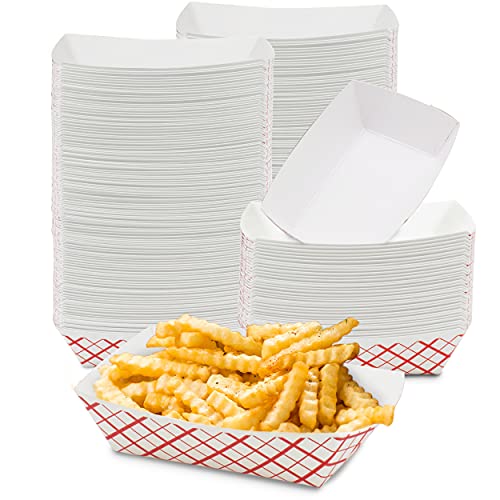 [250 Pack] 1 lb Heavy Duty Disposable Red Check Paper Food Trays Grease Resistant Fast Food Paperboard Boat Basket for Parties Fairs Picnics Carnivals, Holds Tacos Nachos Fries Corn Dogs