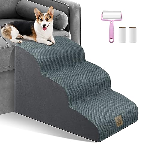 3-Tier Foam Dog Stairs for High Sofa Bed Couch, Holds up to 60 lbs,High Density Foam Steps Stairs for Indoor,Dog Stairs Ladder Ramp Non Slip for Old Small Dogs Easy Access,Lint Roller Set,Blue Ashes