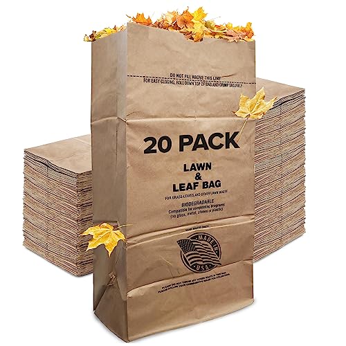 30 Gallon Kraft Lawn and Leaf Bags (20 Pack) Eco-Friendly Heavy Duty Large Paper Trash Bags, Made in the USA Tear Resistant Yard Waste Bags for Grass Clippings, Wet and Dry Leaves, Weeds, Twigs