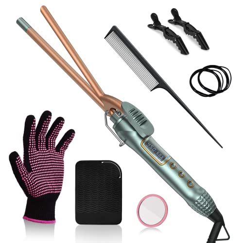 3/8 Inch Small Curling Iron, 9mm Tiny Curling Iron Wand Barrel for Medium & Long Hair, Ceramic Small Barrel Curling Iron with Adjustable Temperature, with Heat Resistant Glove and Pad, 9-in-1 Gift Set