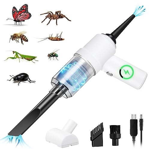 5 in 1 Handheld Vacuum and Blower Cordless Rechargeable Bug Vacuum Catcher for Insect Stink Bug Spider, Portable Vacuum Cleaner Strong Suction Bug Sucker for Car Kitchen Pet Hair, Dry & Wet Use, White