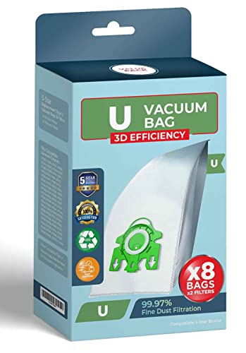 5-Star Compatible with Miele S7000-S7999 Upright and Dynamic U1 Series Upright AirClean 3D Efficiency 8 Packs Vacuum Cleaner Bags, Include 1 Pre-Motor and 1 Post-Motor Filters.