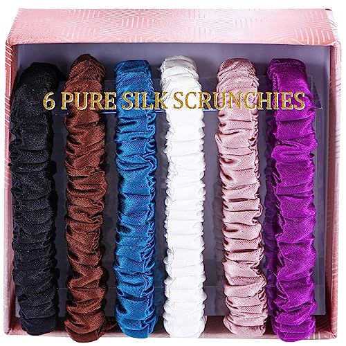 6PCS 100% Silk Hair Ties With Silk Scrunchies for Women Girls Curly Thick Thin Hair .Women's Black Cute Satin Sleepy Bulk Hair Tie Small Large Scrunchie Sleep