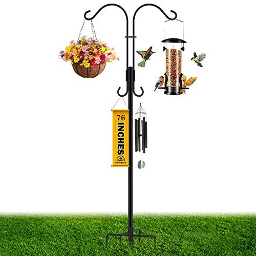 76 Inch Double Shepherds Hooks For Outdoor,Adjustable Bird Feeder Pole With 5 Base Prongs,Heavy Duty Tall Garden Hook for Bird Feeders,Outside,Hanging Plants,Solar Lanterns,Hummingbird Feeder Stand