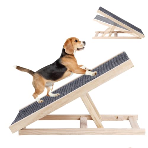 Adjustable Dog Ramp, Folding Portable Wooden Pet Ramp for Dogs and Cats, 27.5" Long Adjustable from 11.8” to 15.7” Rated for 100lbs Lightweight Dog Car Ramps for Bed Couch