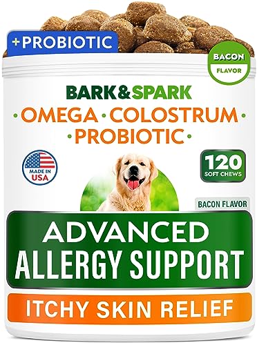 Advanced Dog Allergy Itch Relief Chews - Skin Probiotics w/Fish Oil Omega 3 - Itchy Skin Relief Pills - Anti Itching Licking - Skin Allergies Treatment Immune Supplement Colostrum -120 Treats Bacon