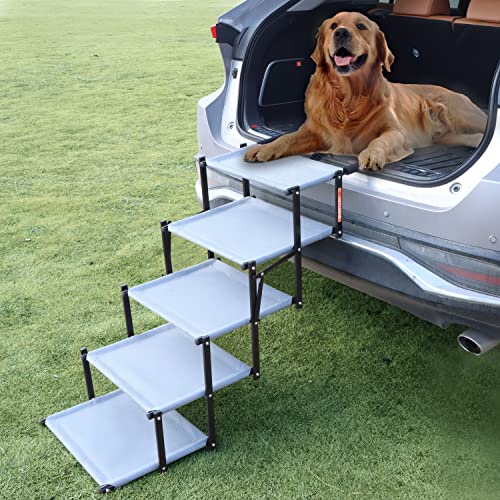 AETLEEMO Extra Wide Dog Car Stairs for Large Dogs, Foldable Lightweight Pet Ramps with Nonslip Surface for High Beds,Trucks, Cars and SUV, Supports up to 150 lbs, 5 Steps Gray